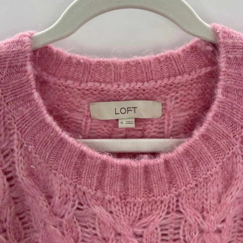 LOFT Pink Cable Open Knit Crew Neck Sweater Womens XL Wool‎ Blend Lightweight